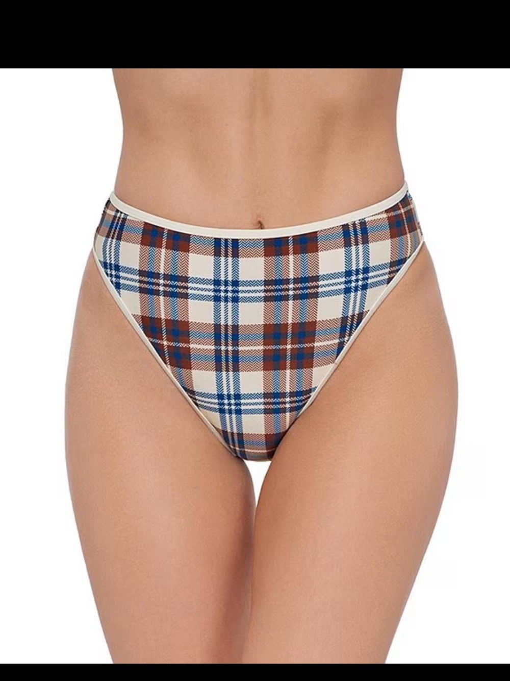 High-Cut Plaid Bikini Bottoms - Cream, Brown & Blue Steve Madden